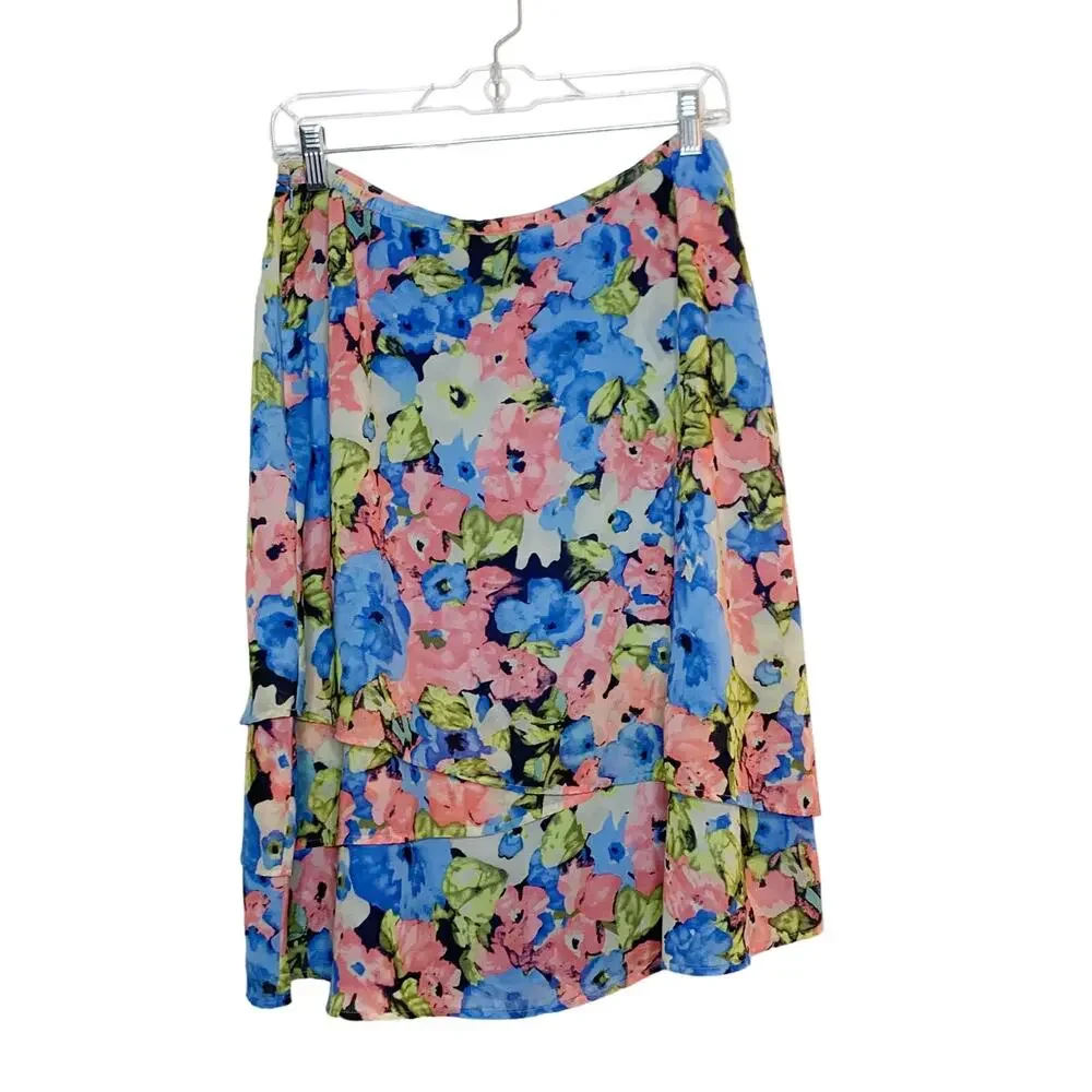JACLYN SMITH Floral A-Line Knee Length Skirt Asymmetrical Hem Blue Pink Size M